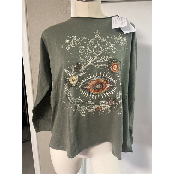 Women’s  Embroidered Blouse Green Distressed Kyla Seo comfort - Picture 12 of 12